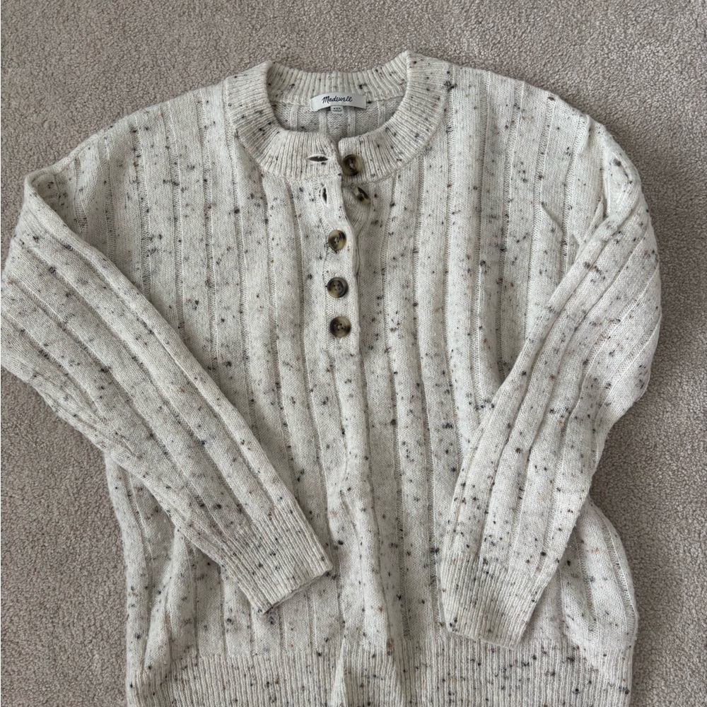Madewell Cream Speckled Ribbed Henley Sweater